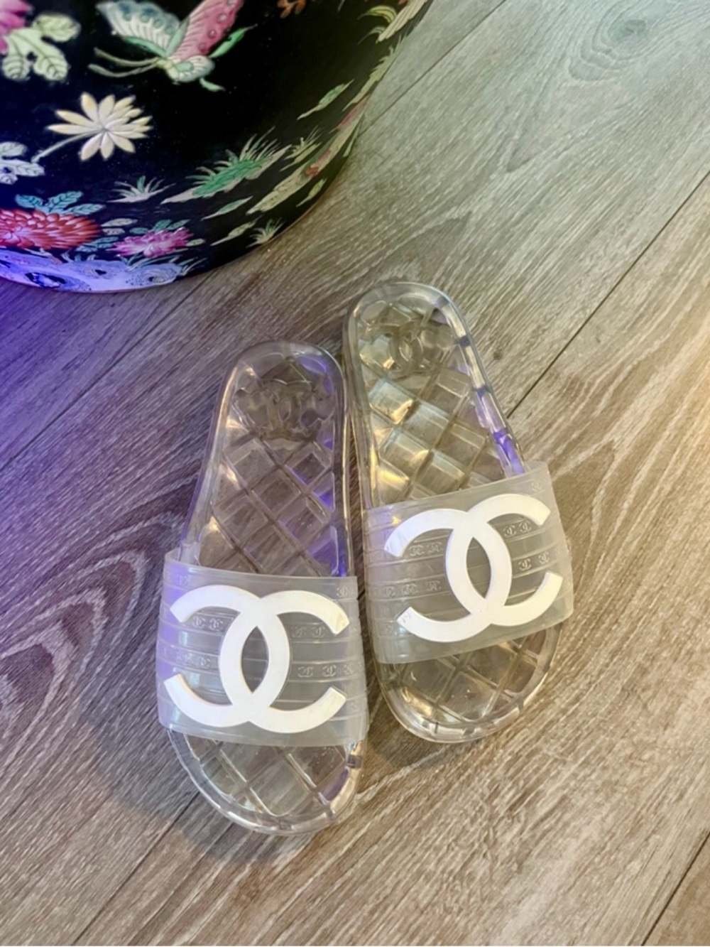 Chanel Clear Jelly Slide Sandals with White Logo Accent